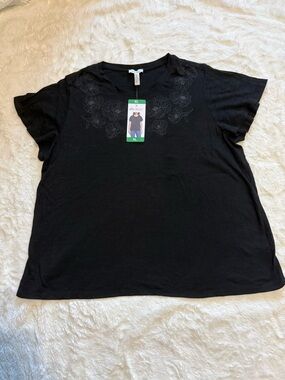 NWT Ella Moss Women's Short Sleeve Embroidered Top Black XL